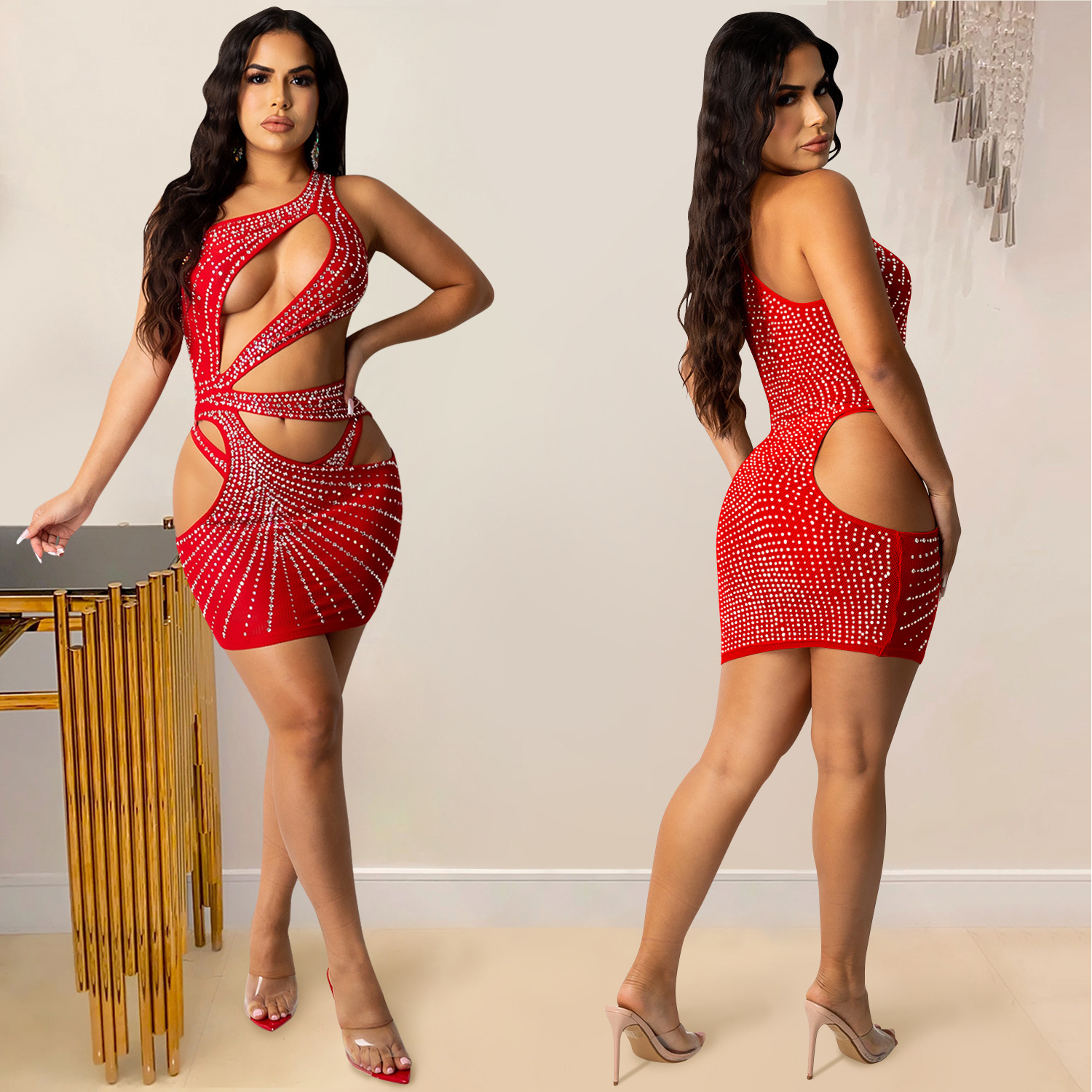 X5283 transfronterizo europeo y americano nuevo club nocturno sexy color sólido ropa de mujer rhinestone malla hombro hueco falda vestido