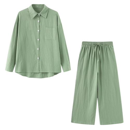 Ins-style independent store 2-piece oversized cotton-linen shirt set with high-waist wide-leg