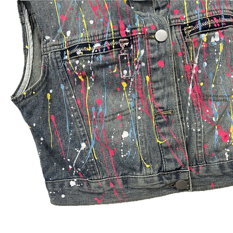 Hong Kong estilo retro chaleco de vaquero sin mangas para mujeres verano nuevo diseño pintado a mano sensación de moda versátil chaqueta de clip chique