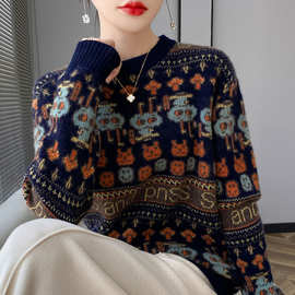 25秋冬新款纯羊毛衫女复古提花圆领毛衣套头针织羊绒打底上衣