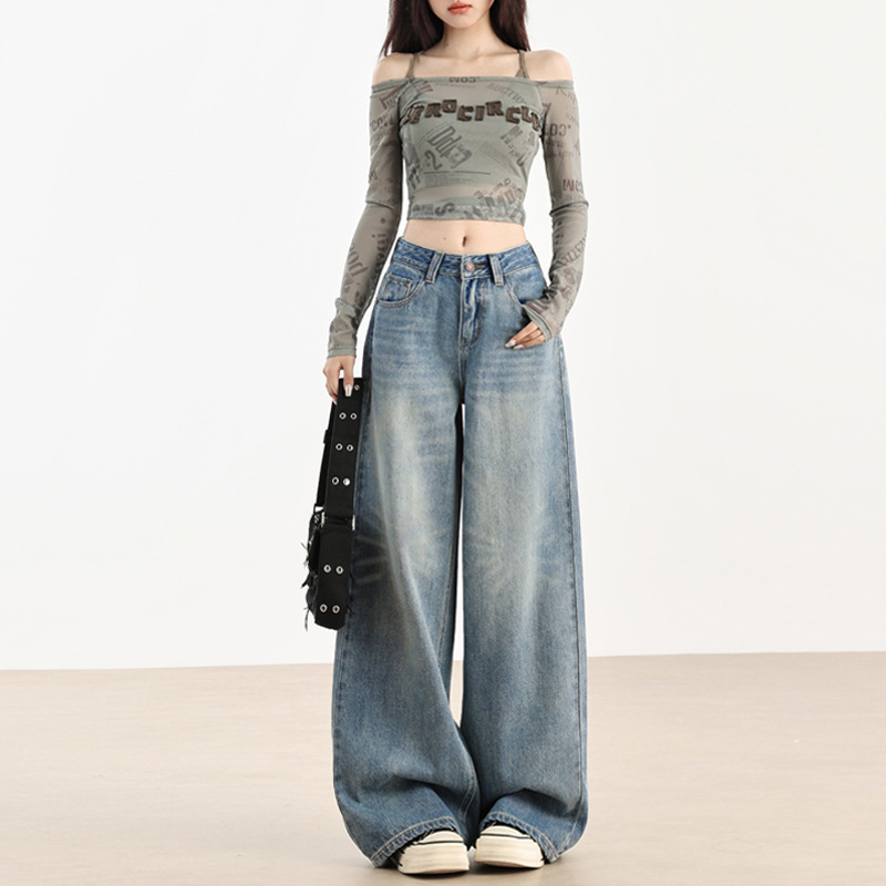 美式浅蓝阔腿牛仔裤女2025夏季新款宽松显瘦慵懒垂感直筒拖地裤子|undefined