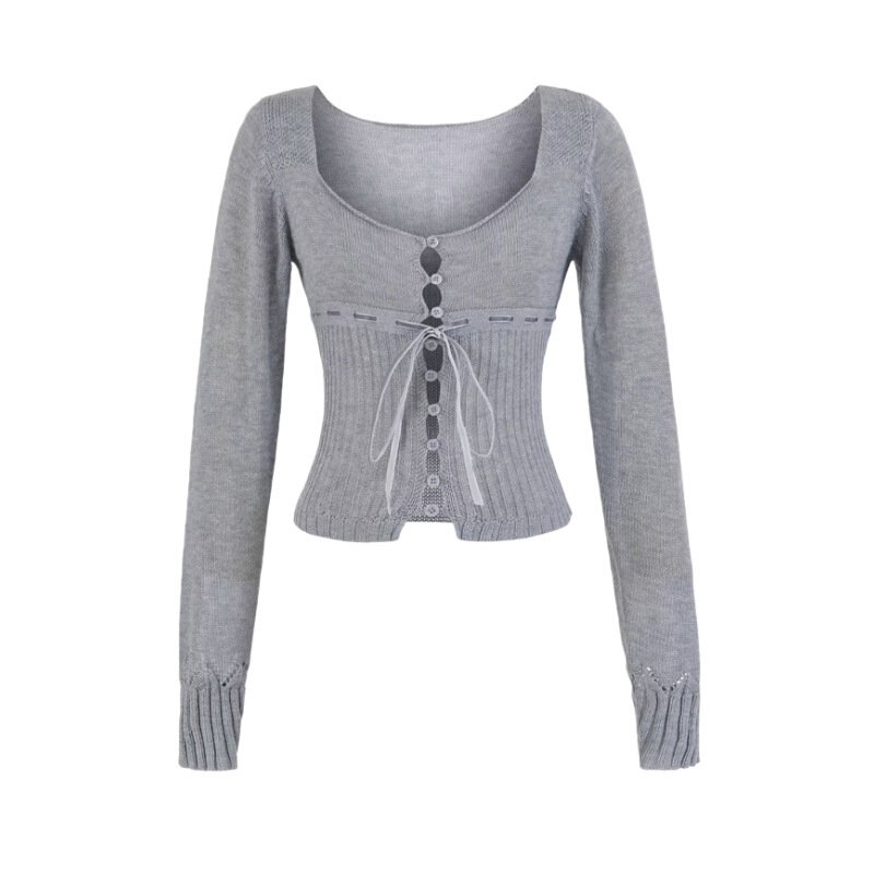 Single-Breasted Ribbon Cut-Out Knit Top for Women, Pure and Sexy, Square Neck, Exposed Collarbone, Slim Fit, Waist-Cinching, Short Style Single-Breasted Ribbon Cut-Out Knit Top for Women, Pure and Sexy, Square Neck, Exposed Collarbone, Slim Fit, Waist-Cinching, Short Style