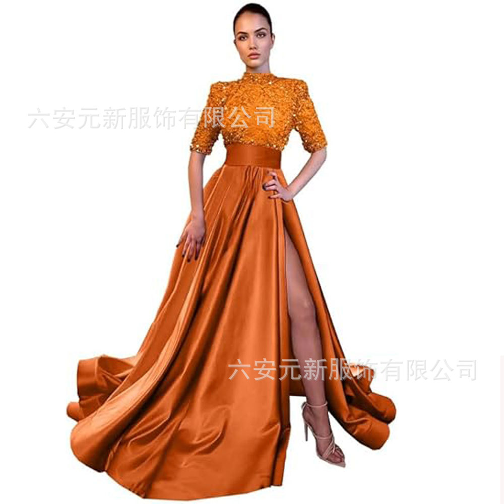 Europeo y americano Amazon AliExpress vestido de fiesta media manga lentejuelas satén vestido de noche A-line vestido de fiesta de hendidura image 21