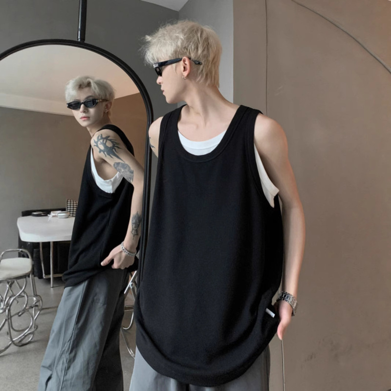 Summer American-Style Fake Two-Piece Vest for Men, Trendy Heavy-Duty Summer Sleeveless T-Shirt for Teenagers, Stylish Sports Tank Top