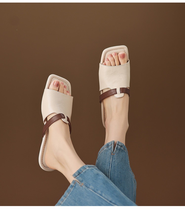 Dép sandal nữ xỏ ngón đế bệt phối màu hở mũi thời trang — màu trắng ngà, màu mơ chi tiết 16