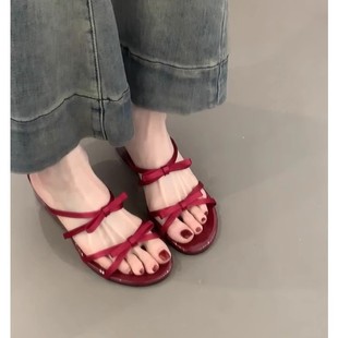 French Style Slide Sandals with Wedge Heel Women's Summer 2025 New Style Gentle Evening Style Bow with Skirt Sandals