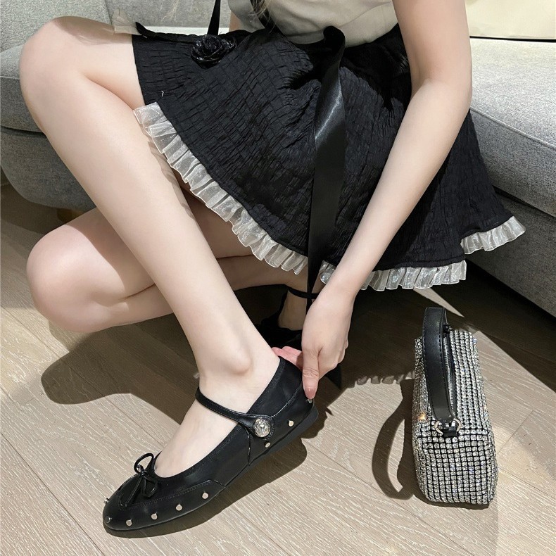 牛皮~真皮铆钉浅口单鞋女软底内增高芭蕾平底鞋法式水钻玛丽珍鞋|undefined