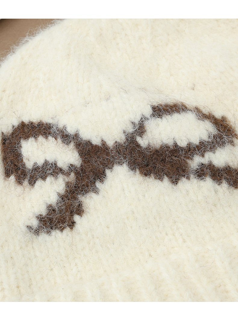 Swee Cue Bow Jacquard Knied Beanie Auumn Winer Lierary Versaile Large Head Circumference Wool Cold-proof Warm_voghion.com