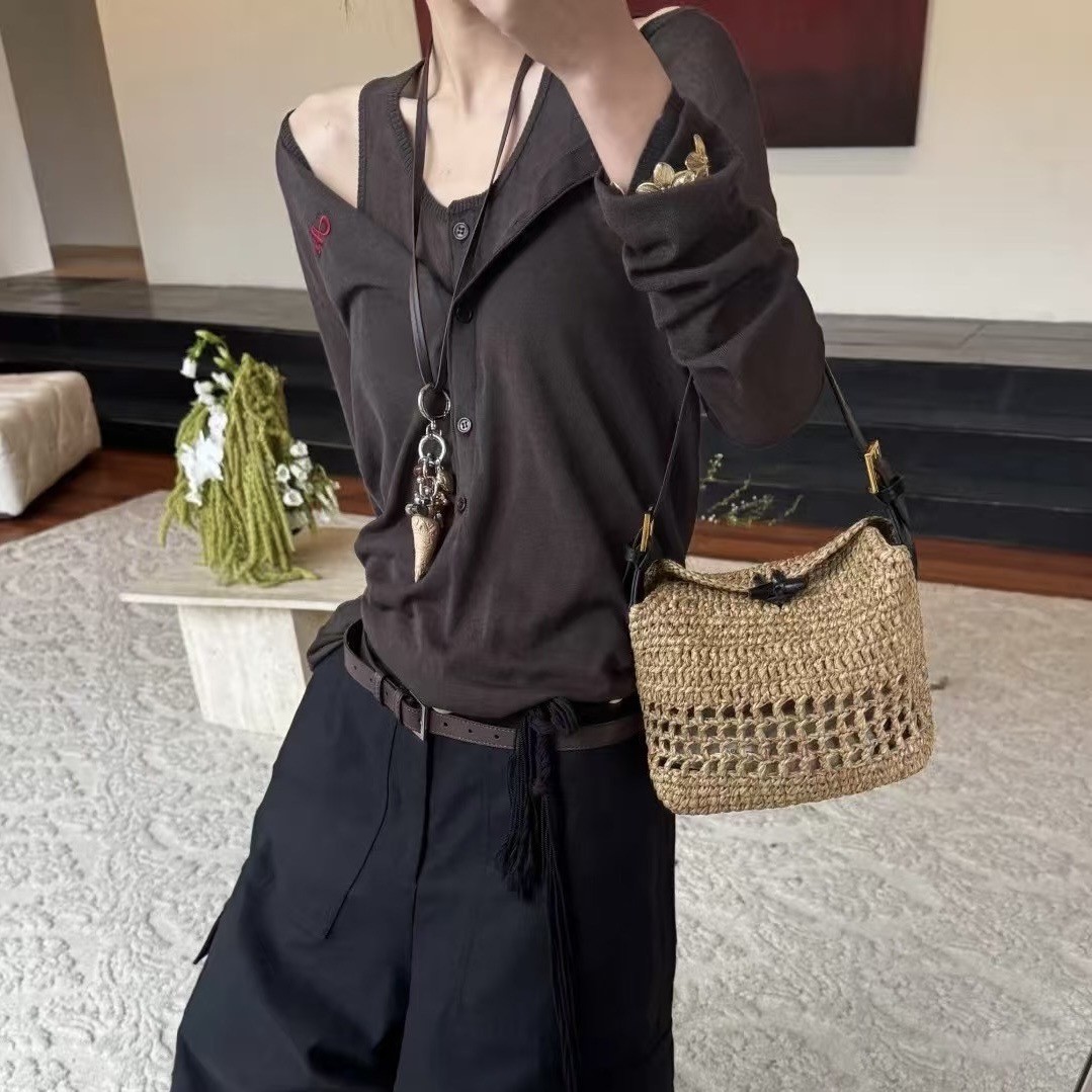 Handmade Crochet Raffia Woven Large Bag 2025 New Women's Tote Bag Vacation Style Beach Straw Bag - Thumbnail 3