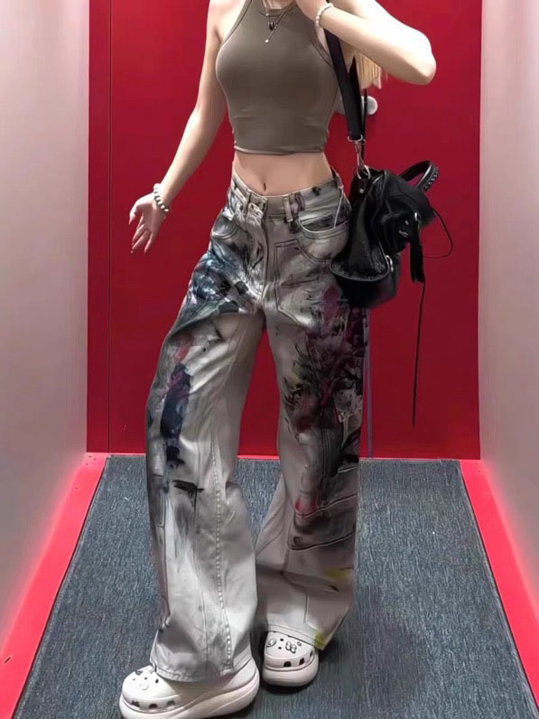 Streetwear Distressed Denim Pants – Oversized High-Waisted Wide-Leg Jeans With 3D Print Graffiti & Splatter Paint Design_ecoleips.com