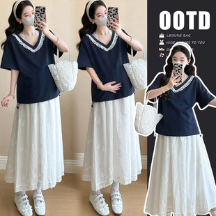 Maternity 2025 Summer New Style Small Sweet Age-reducing Lace Stitching Top Slimming Skirt suit