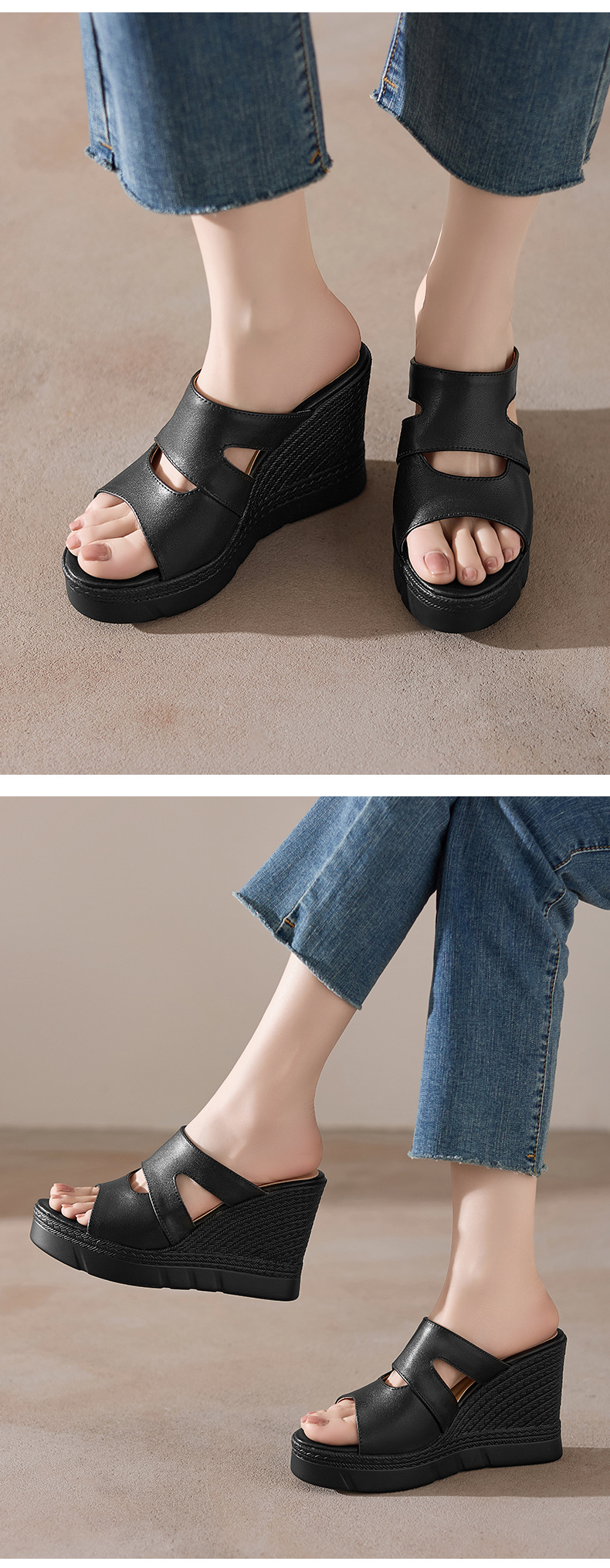 Sandal cao gót nữ hở mũi đế xuồng dày 10 cm — đen chi tiết 7