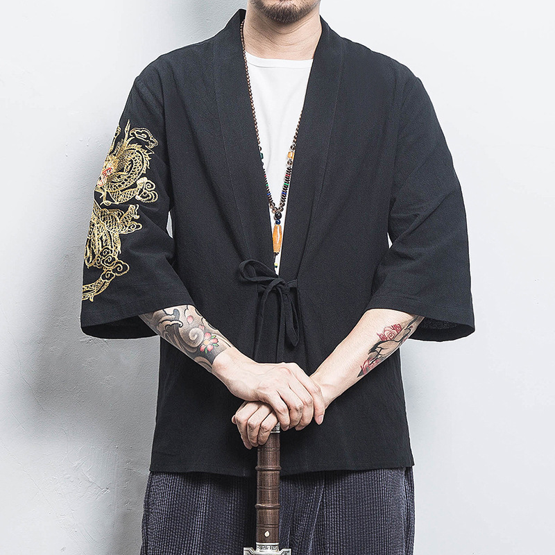 Chinese style summer men's cotton and linen Hanfu dragon embroidered cardigan Japanese plus size retro trendy robe coat wholesale Chinese style summer men's cotton and linen Hanfu dragon embroidered cardigan Japanese plus size retro trendy robe coat wholesale