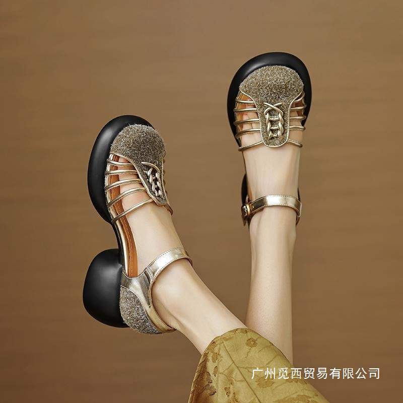 2025 Summer Thick-Soled Sandals for Women with a Poop-Stepping Feel, New Summer Hollow Pig Cage Shoes, French Thick-Heeled High Heels