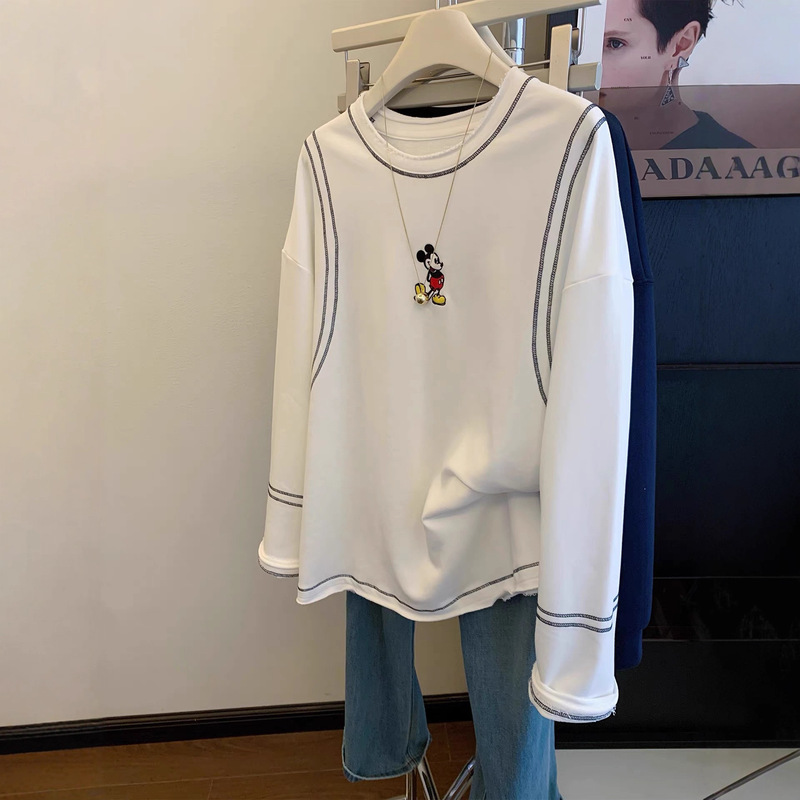 Cross-Border 120kg White Mickey Embroidered Long-Sleeved Sweatshirt Women's 2025 Spring & Fall New Top with Topstitch Design Cross-Border 120kg White Mickey Embroidered Long-Sleeved Sweatshirt Women's 2025 Spring & Fall New Top with Topstitch Design
