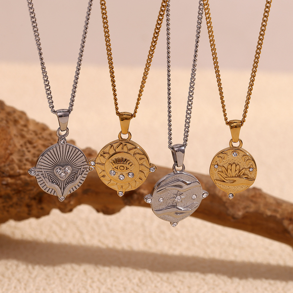 Zircon Inlaid Tarot Stainless Steel Pendant Necklace