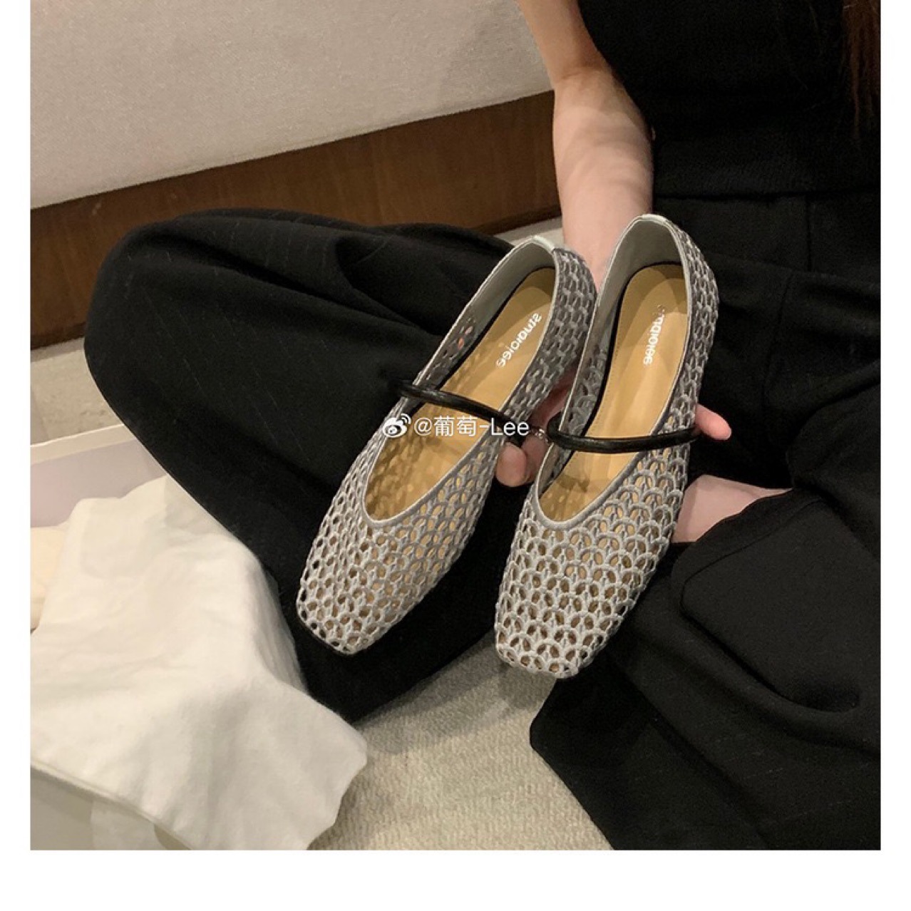 Woven universal retro low shoes square toe with a strap low-cut flat
