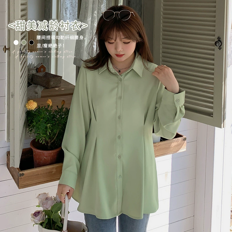 Осенняя новая женская одежда больших размеров 100kg г., рубашка с плиссированной талией для похудения, 120071