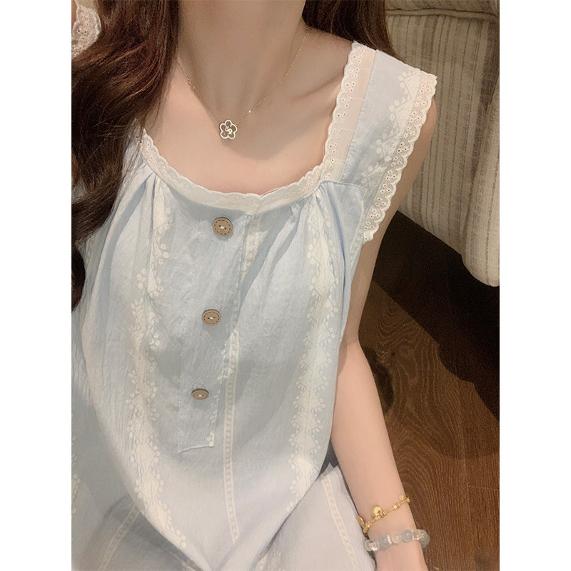 Thin Cloud Cotton Nightgown with Chest Pads, Summer Lace Sleeveless Vest Long Dress, Sweet and Loose Home Wear for Women Thin Cloud Cotton Nightgown with Chest Pads, Summer Lace Sleeveless Vest Long Dress, Sweet and Loose Home Wear for Women