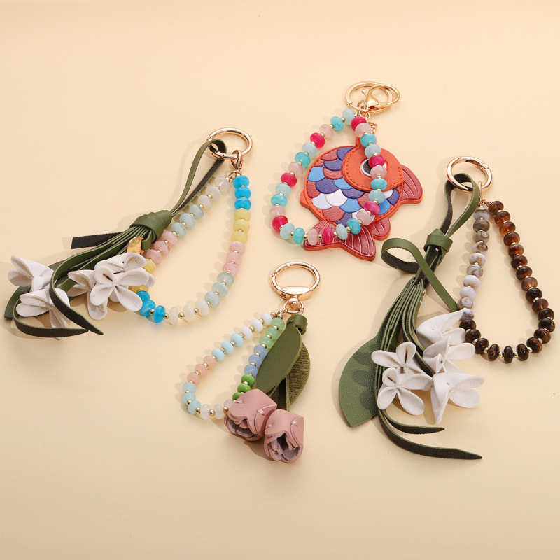 Cross-Border Leather Tulip Flower Keychain, Bag Buckle, Lanyard, Handmade Beaded Multi-Color Fish Phone Chain Pendant Cross-Border Leather Tulip Flower Keychain, Bag Buckle, Lanyard, Handmade Beaded Multi-Color Fish Phone Chain Pendant