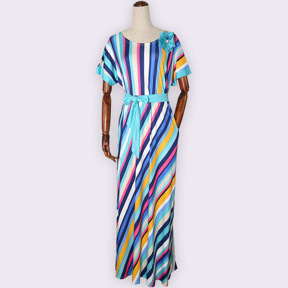 Cross-border source AliExpress Amazon color striped belt * chest flower African large size women's dress