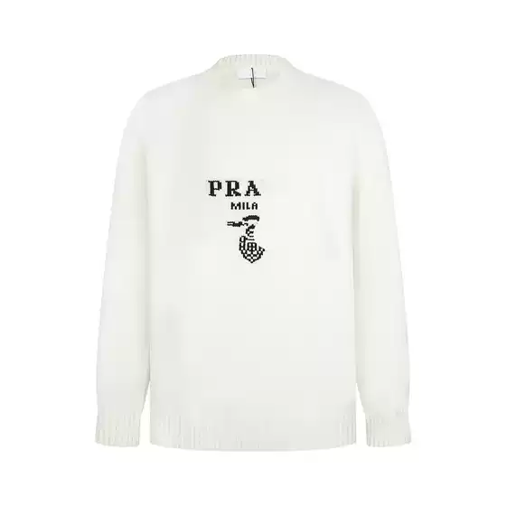 Nanyou Premium Prada 25 Early Autumn Crewneck Wool Sweater with Triangle Logo, Unisex Loose Fit Round Neck Pullover