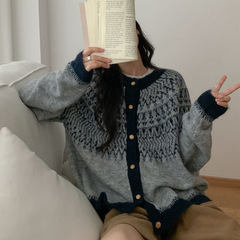 复古撞色提花费尔岛毛衣外套女秋冬新款宽松韩系软糯百搭针织开衫