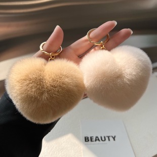 [Cute Little Love] Real Rex Rabbit Fur Heart-shaped Car Keychain Pendant Ins Plush Ball School Bag Pendant