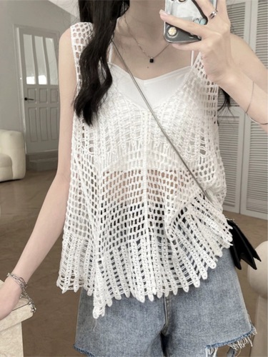 复古民族风针织吊带性感海边外穿镂空美背心夏季格子米白色上衣