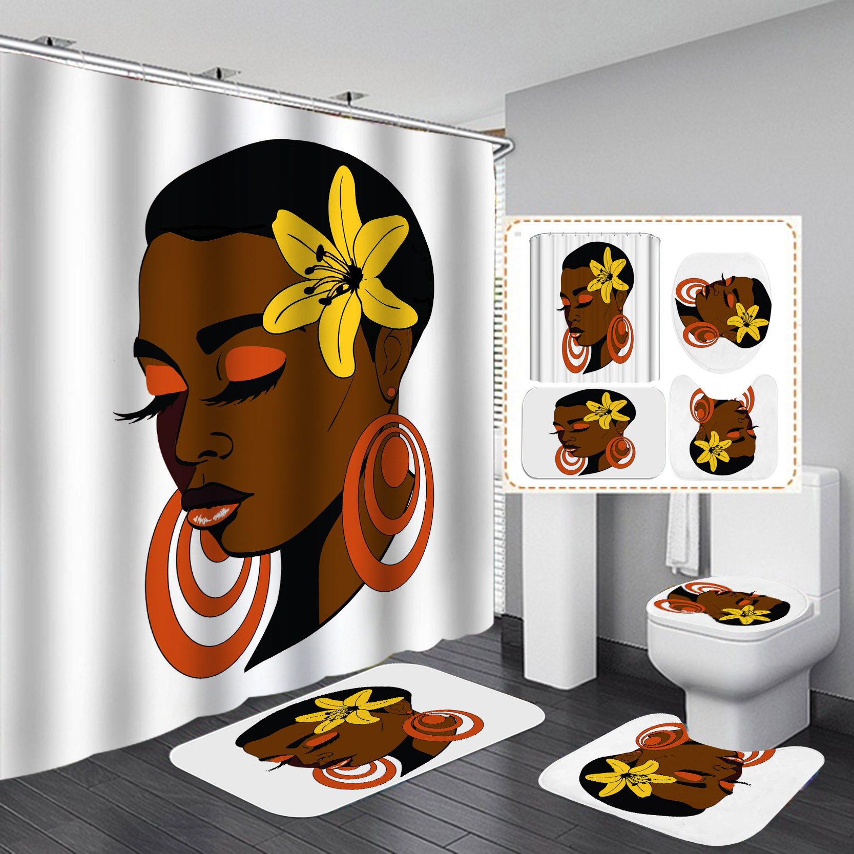 Nuevo suministro directo transfronterizo 3D Impresión digital impermeable baño Mujer Africana ducha cortina fábrica suministro directo Cortina de ducha al por mayor