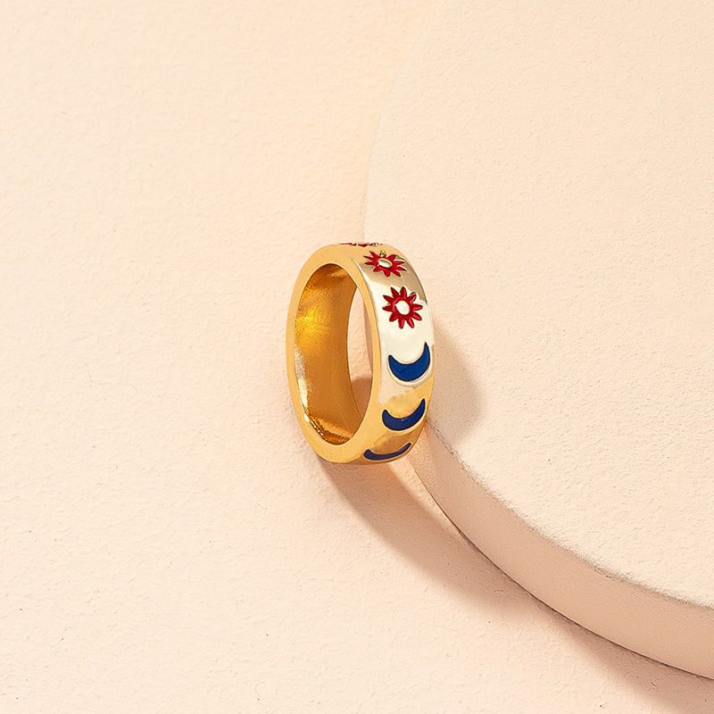 Europäische Und Amerikanische Accessoires Großhandel 2021 Neue Farbe Tropfen Öl Sonnen Ring Weibliche Retro Herbst Design Mond Ring display picture 4