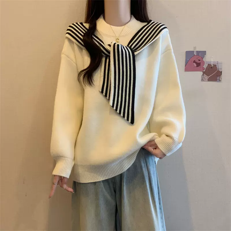 新款秋冬毛衣女外穿披肩拼接假两件慵懒风宽松显瘦针织衫