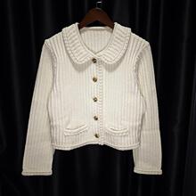 C2025秋冬新品加厚娃娃领法式名媛风修身金属纽扣棉针织开衫女