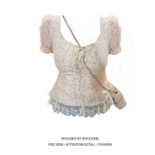 大码胖妹妹法式甜美波点蕾丝拼接花边衬衫女夏季掐腰显瘦修身上衣