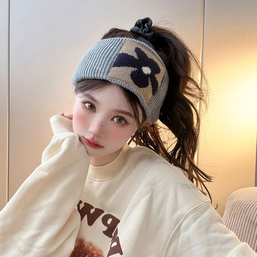 Black Wide Edge Hairband in Ancient Style for Women, Autumn/Winter Thick Warm Headband, Knitted Hair Wrap with Ear Protection, Korean Version