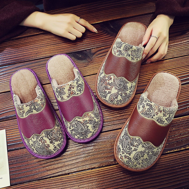 Тапочки из натуральной кожи Домашние домашние женские водонепроницаемые Нескользящие теплые домашние тапочки из воловьей кожи на толстой подошве для осени и зимы для мужчин
