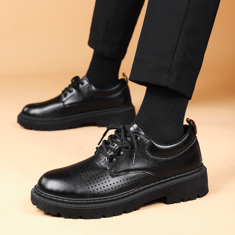 Zapatos de cuero con cordones de suela gruesa de corte bajo casual para hombre de primavera 2025 zapatos de cuero transpirables perforados de cuero de todo fósforo negro zapatos de hombre