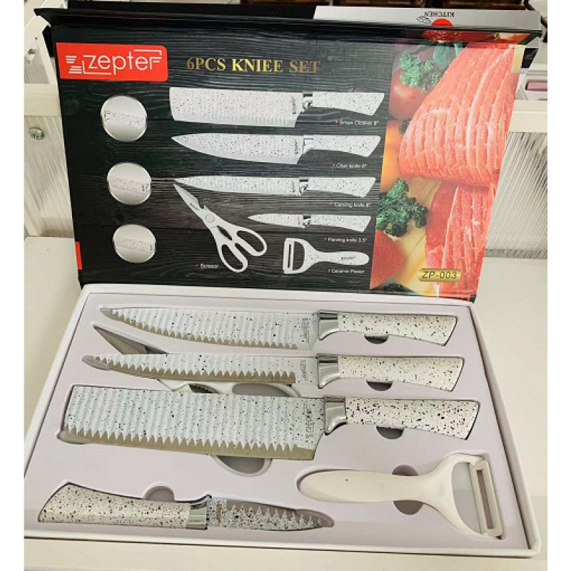 Comercio exterior caucho y plástico, mango de herradura, patrón ondulado, cocina de acero inoxidable, cuchillo doméstico, juego de cinco piezas, succión de doble cara al por mayor