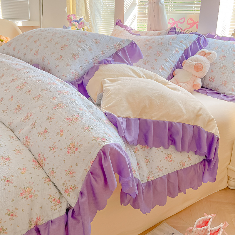 26 bambú de algodón cama de cuatro piezas pequeñas flores frescas pequeñas flores de encaje estilo de viento princesa viento tres piezas flor de bosque