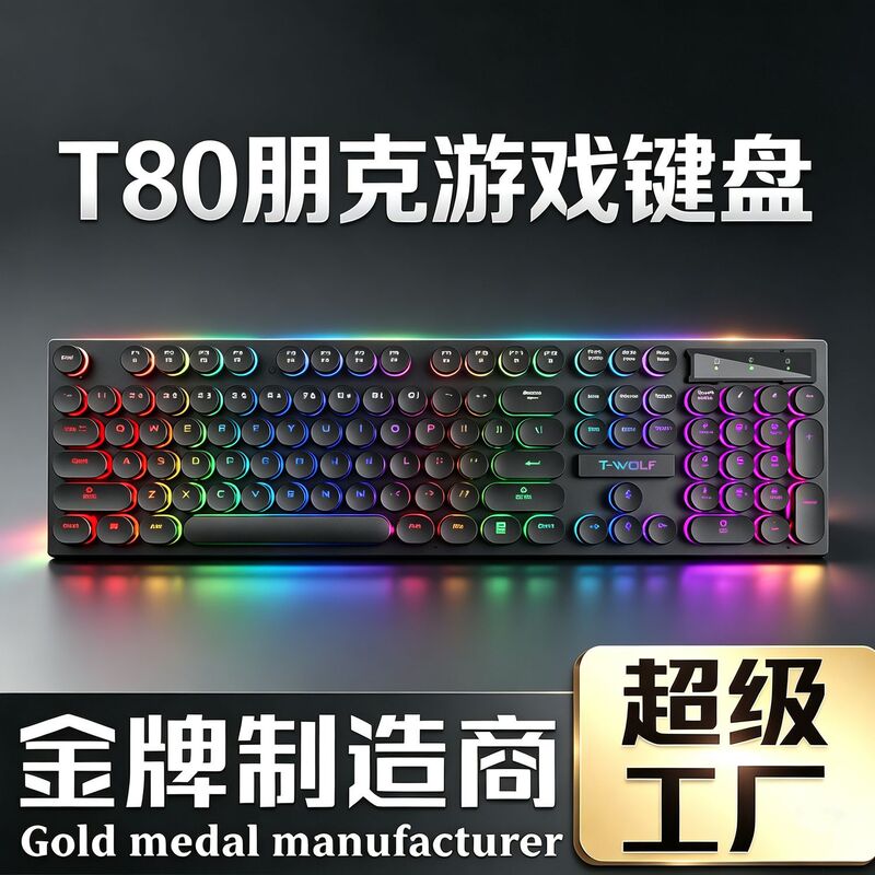T-Wolf Thunder Wolf T80 Gaming Keyboard E-Sports Luminous Wired Keyboard for Laptops and Desktops with Silent Typing Feel