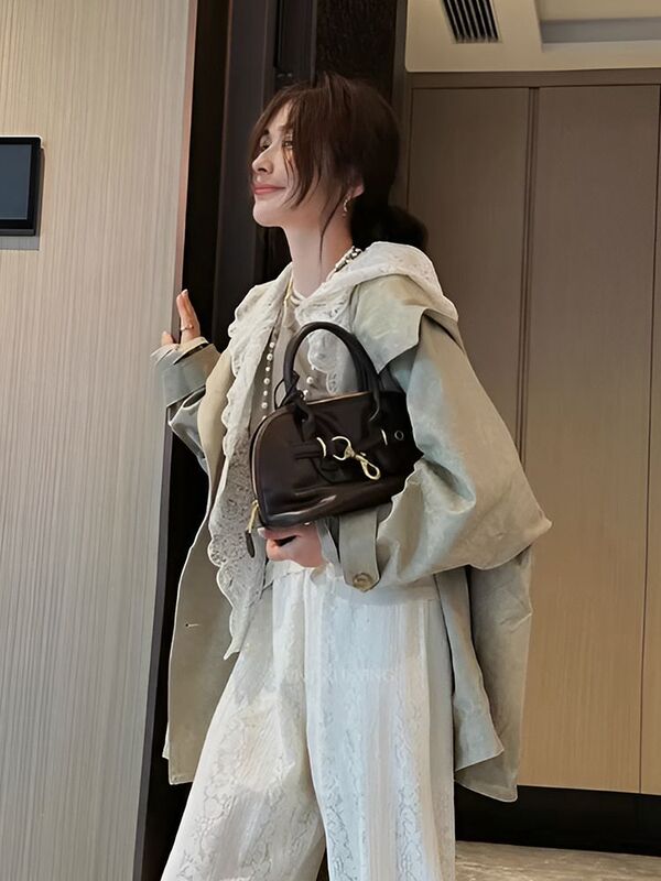春秋款欧货拼接蕾丝韩版设计百搭宽松风衣大码显瘦遮肉中长款外套|undefined