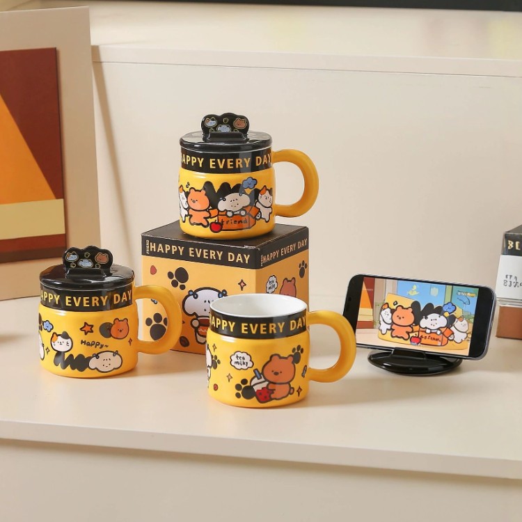Graffiti de dibujos animados taza de cerámica con soporte de teléfono celular taza de desayuno de oficina de chicas taza de regalo de cumpleaños taza de agua