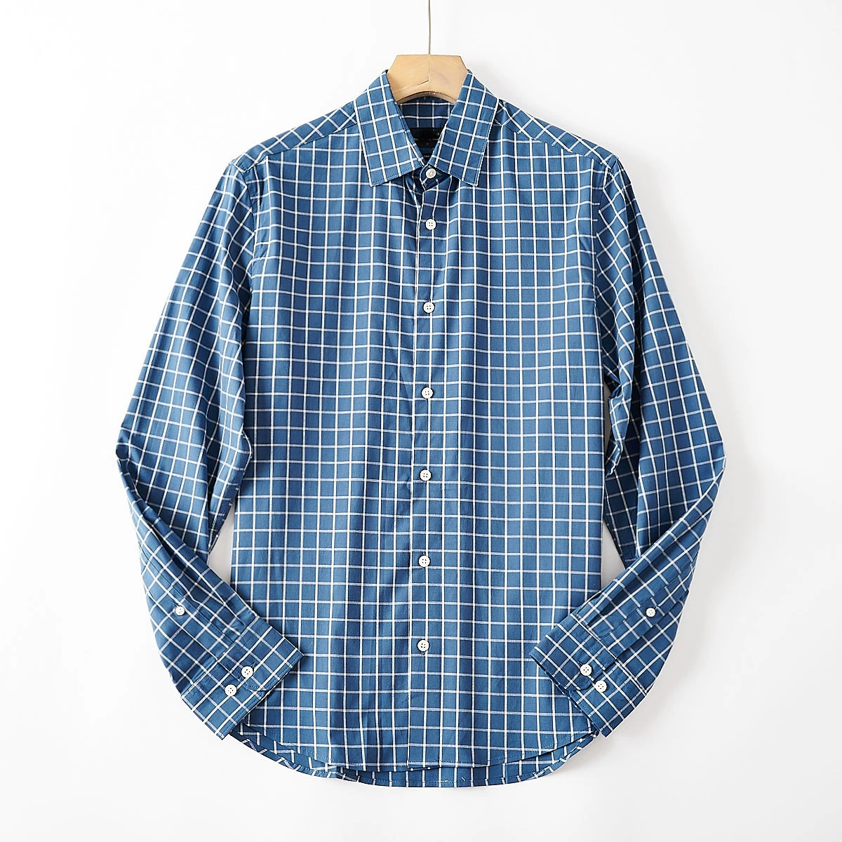 8 Западная внешняя торговля одиночная голубая тканая хлопчатобумажная дышащая весенняя и осенняя мужская рубашка деловая повседневная рубашка с длинными рукавами в клетку