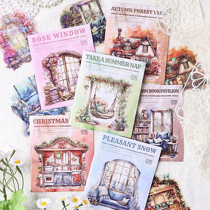 Paquete de pegatinas de mascotas transparentes a prueba de agua secreta DIY pastoral conchas materiales de paisaje láser de mano pegatinas de papelería