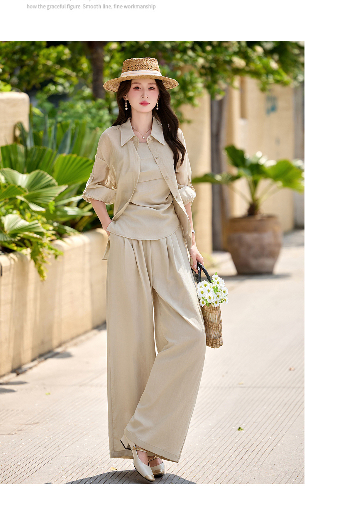 Bộ ba mặc nhà nữ phối áo sơ mi chống nắng, áo hai dây và quần ống suông — màu trắng, màu xám, màu kaki chi tiết 17