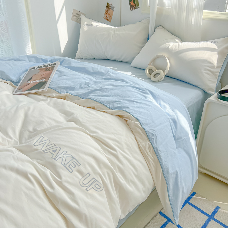 Bordado de cuatro piezas de algodón lavado 2024 nueva ropa de cama funda de edredón sábana dormitorio de estudiantes sábana de tres piezas 34