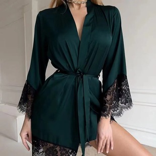 Cross-border Sexy Underwear Amazon Explosions Silk Lace Bathrobe Morning Robe Short Robe Free Sexy Slim
