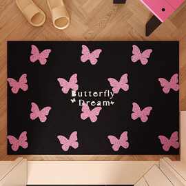 跨境简约黑色蝴蝶结水晶绒地垫家用装饰地毯吸水防滑入户门脚垫子