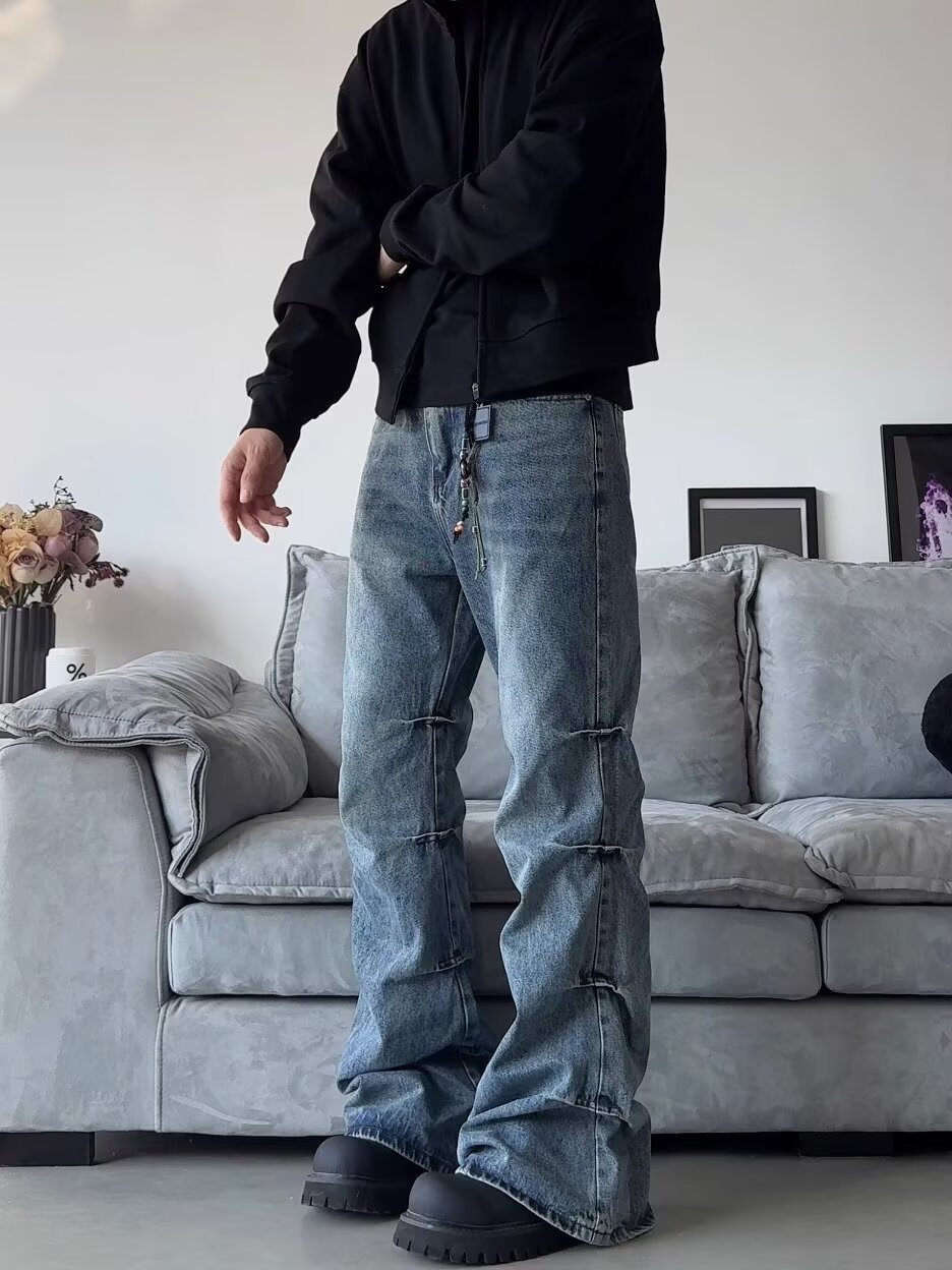 Men's Clothing high street side pleated design flared jeans loose distressed cleanfit wide leg trousers trend_voghion.com