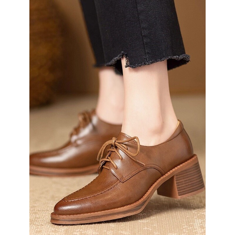 Handmade New Product~First-Layer Cowhide Pointed-Toe Chunky Heel High-Heeled Shoes, British Style Lace-Up Oxford Shoes, Deep-Cut Single Shoes for Women Handmade New Product~First-Layer Cowhide Pointed-Toe Chunky Heel High-Heeled Shoes, British Style Lace-Up Oxford Shoes, Deep-Cut Single Shoes for Women